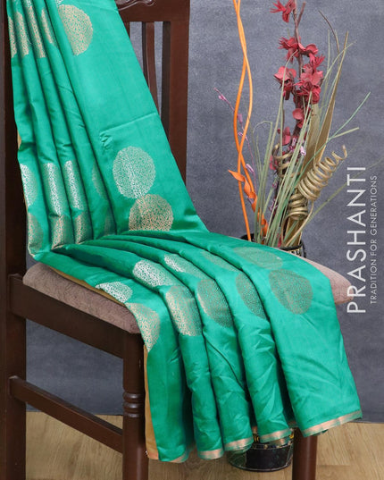 Pure dupion silk saree teal green with zari woven buttas and copper zari woven piping border - {{ collection.title }} by Prashanti Sarees
