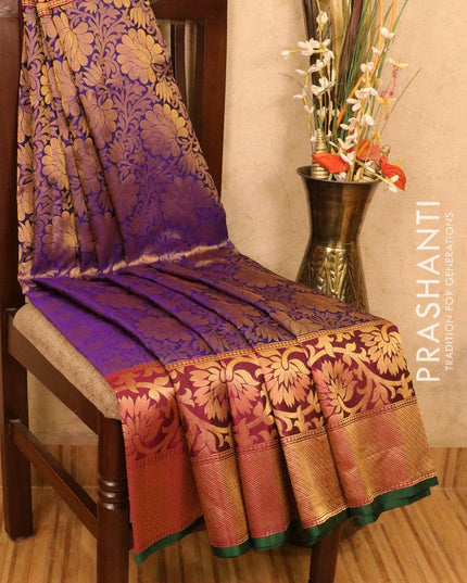 Pure gadwal silk saree blue and magenta with allover golden zari weaves and long zari woven border - {{ collection.title }} by Prashanti Sarees