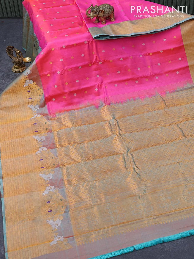 Pure gadwal silk saree dual shade of blue shade with allover zari woven brocade weaves and long rich zari woven border - {{ collection.title }} by Prashanti Sarees