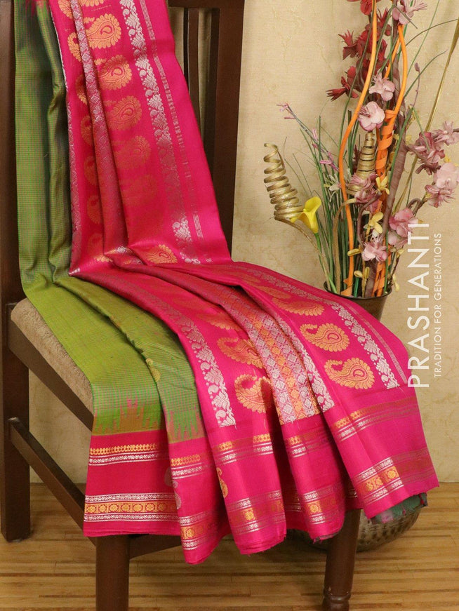 Pure gadwal silk saree green and pink with allover checks golden zari woven paithani buttas and rettapet zari woven butta border - {{ collection.title }} by Prashanti Sarees