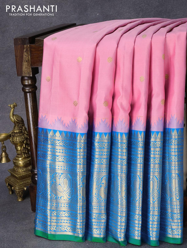 Pure gadwal silk saree light pink and cs blue with allover zari woven buttas and temple design long annam zari woven border - {{ collection.title }} by Prashanti Sarees