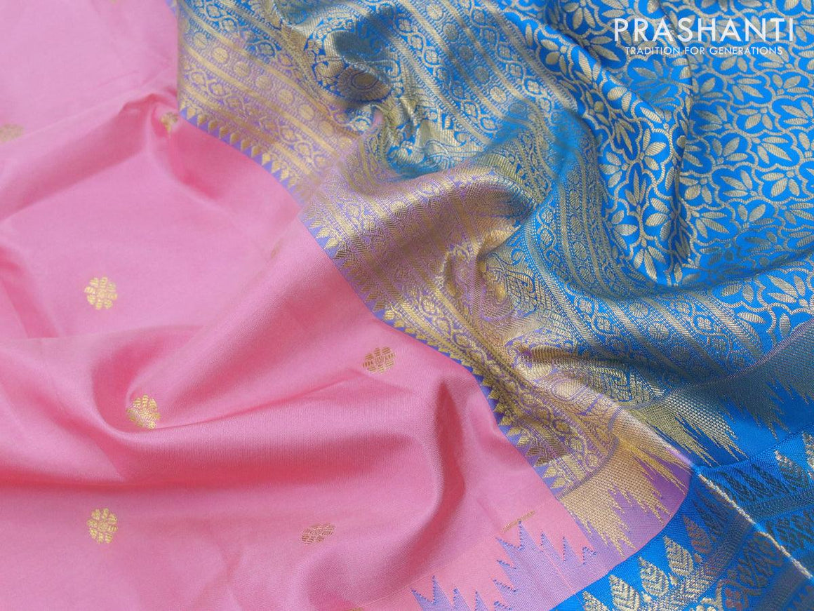 Pure gadwal silk saree light pink and cs blue with allover zari woven buttas and temple design long annam zari woven border - {{ collection.title }} by Prashanti Sarees