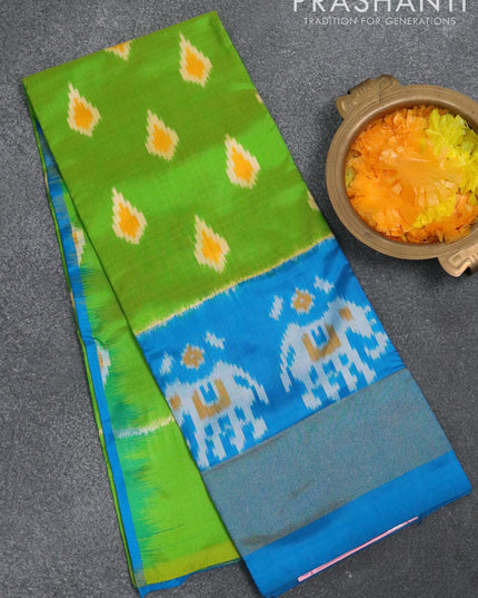 Pure ikat silk pavadai sattai material light green and cs blue with allover ikat butta prints and ikat design zari woven border for 4 to 10 years - {{ collection.title }} by Prashanti Sarees