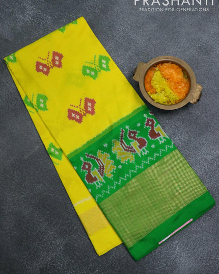 Pure ikat silk pavadai sattai material lime yellow and parrot green with allover ikat butta prints and ikat woven long zari border free size - {{ collection.title }} by Prashanti Sarees