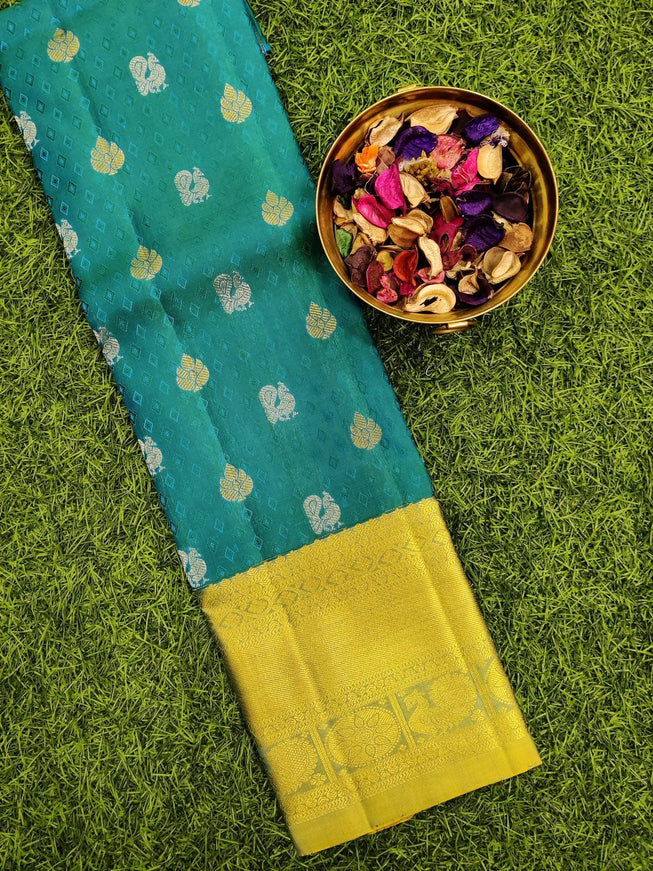 Pure kanchivaram kids lehanga dual shade of blue and dual shade of yellow with golden and silver zari woven buttas and zari woven border for 3-5 yrs - {{ collection.title }} by Prashanti Sarees