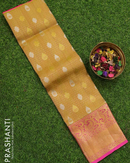 Pure kanchivaram kids lehenga beige and candy pink silver & gold zari woven buttas with zari woven border - {{ collection.title }} by Prashanti Sarees