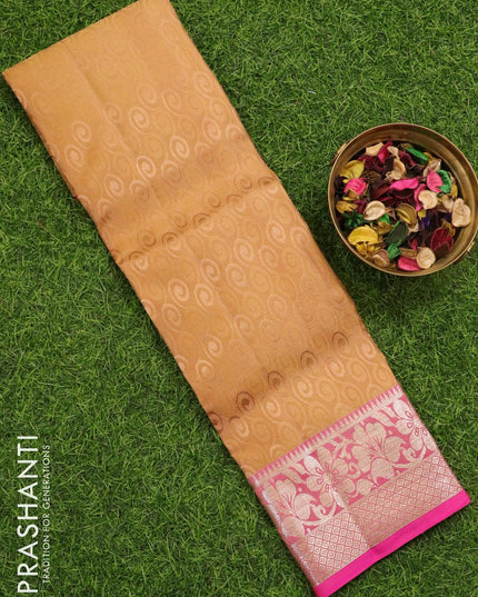 Pure kanchivaram kids lehenga beige and pink with allover self emboss and silver zari woven floral border - {{ collection.title }} by Prashanti Sarees
