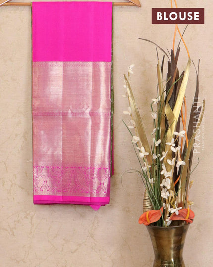 Pure kanchivaram kids lehenga green and pink silver & copper zari woven buttas with long silver zari woven annam border - {{ collection.title }} by Prashanti Sarees