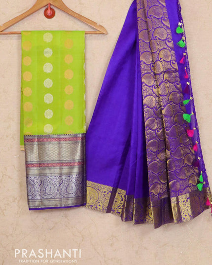 Pure kanchivaram kids lehenga light green and blue silver & copper zari woven buttas woven border & dupatta - {{ collection.title }} by Prashanti Sarees