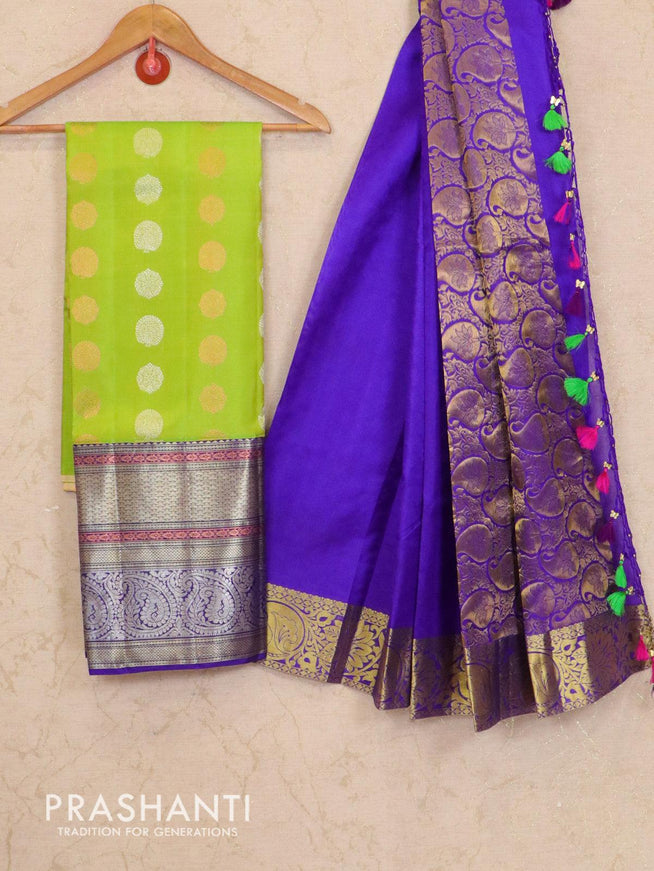Pure kanchivaram kids lehenga light green and blue silver & copper zari woven buttas woven border & dupatta - {{ collection.title }} by Prashanti Sarees