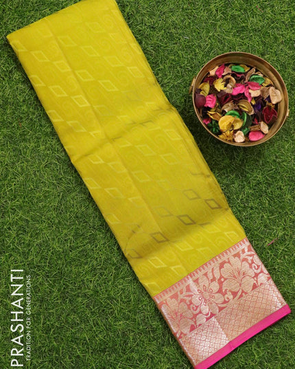 Pure kanchivaram kids lehenga lime yellow and pink with allover self emboss and silver zari woven floral border - {{ collection.title }} by Prashanti Sarees