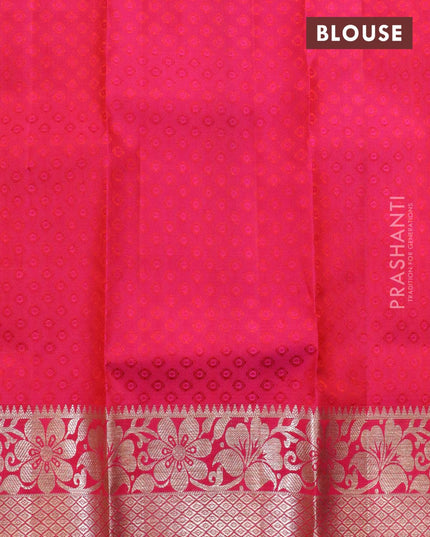 Pure kanchivaram kids lehenga lime yellow and pink with allover self emboss and silver zari woven floral border - {{ collection.title }} by Prashanti Sarees