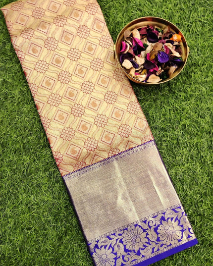 Pure kanchivaram kids tissue lehanga golden and violet with allover zari weaves and zari woven border for 6-10 yr - {{ collection.title }} by Prashanti Sarees