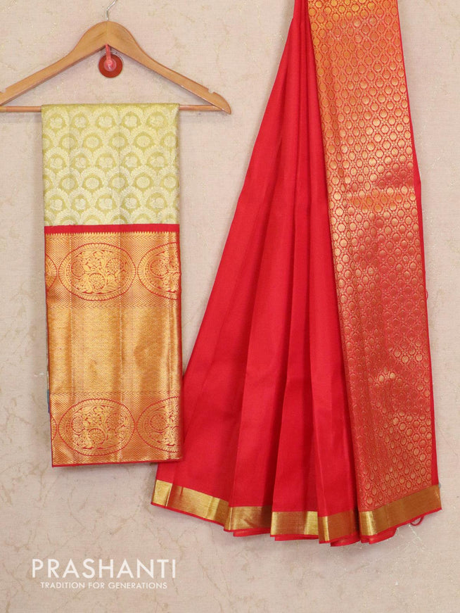 Pure kanchivaram kids tissue lehenga gold and red with allover zari weaves woven border & dupatta - {{ collection.title }} by Prashanti Sarees