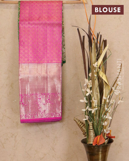 Pure kanchivaram kids tissue lehenga green and pink with allover zari weaves and annam zari woven border - {{ collection.title }} by Prashanti Sarees
