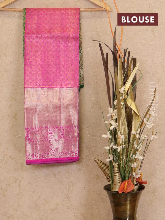 Pure kanchivaram kids tissue lehenga green and pink with allover zari weaves and annam zari woven border - {{ collection.title }} by Prashanti Sarees