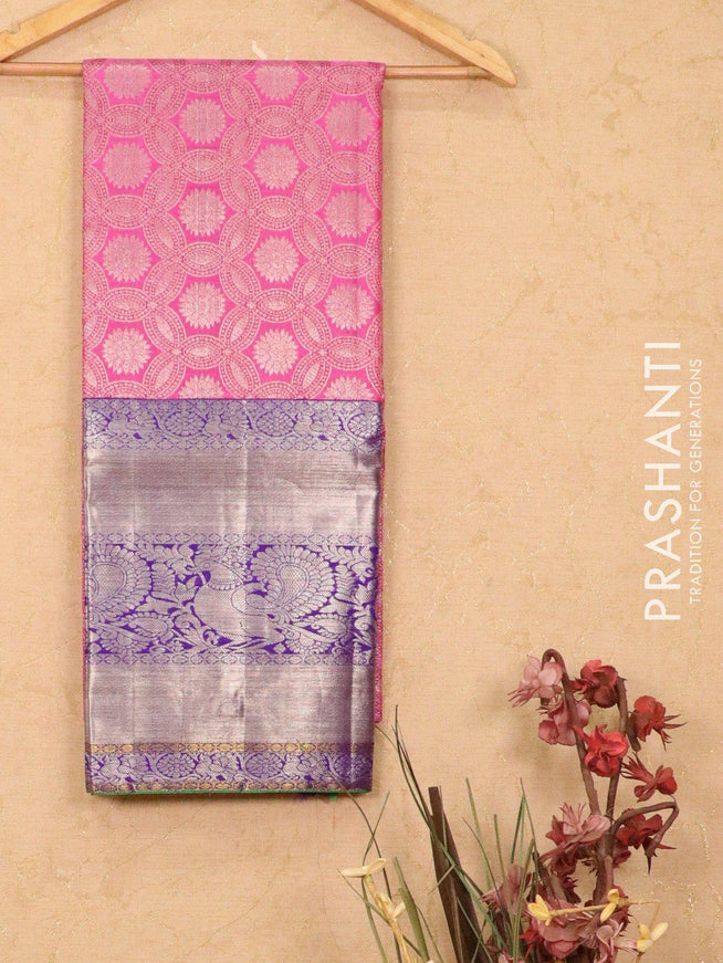 Pure kanchivaram lehanga candy pink and violet with allover silver zari weaves and silver zari woven border - freesize - {{ collection.title }} by Prashanti Sarees