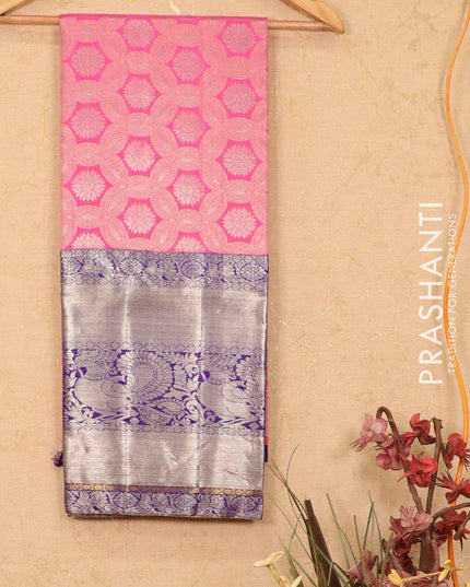 Pure kanchivaram lehanga pink and violet with allover silver zari weaves and silver zari woven border - freesize - {{ collection.title }} by Prashanti Sarees