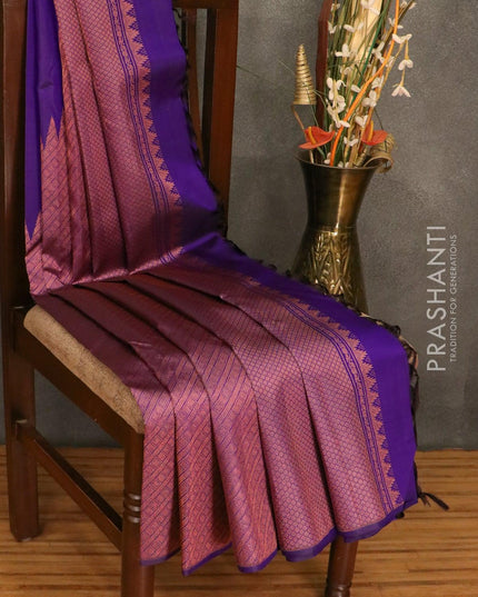 Pure Kanchivaram silk saree blue with plain body and copper zari woven long korvai border - {{ collection.title }} by Prashanti Sarees