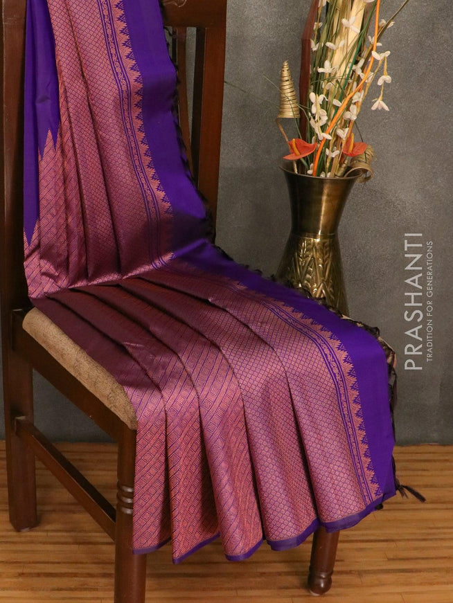 Pure Kanchivaram silk saree blue with plain body and copper zari woven long korvai border - {{ collection.title }} by Prashanti Sarees