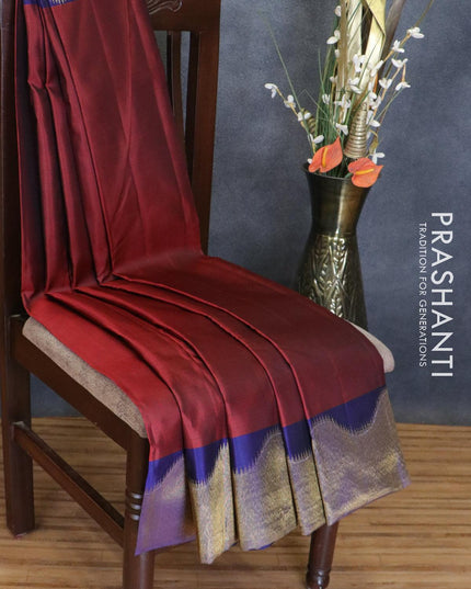 Pure kanchivaram silk saree maroon and blue with plain body and zari woven border - {{ collection.title }} by Prashanti Sarees