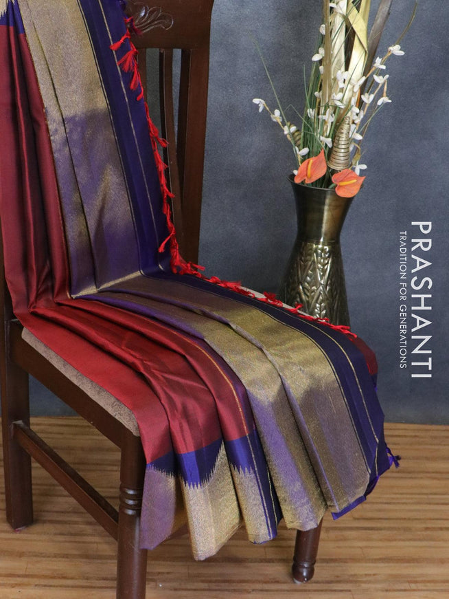 Pure kanchivaram silk saree maroon and blue with plain body and zari woven border - {{ collection.title }} by Prashanti Sarees