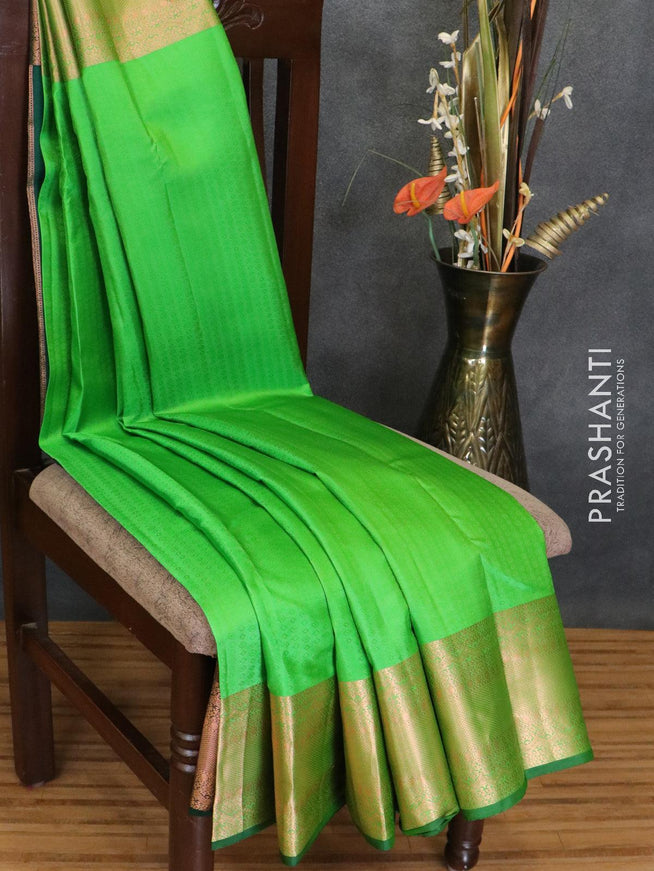 Pure kanchivaram silk saree parrot green and bottle green with allover self emboss and copper zari woven border - {{ collection.title }} by Prashanti Sarees