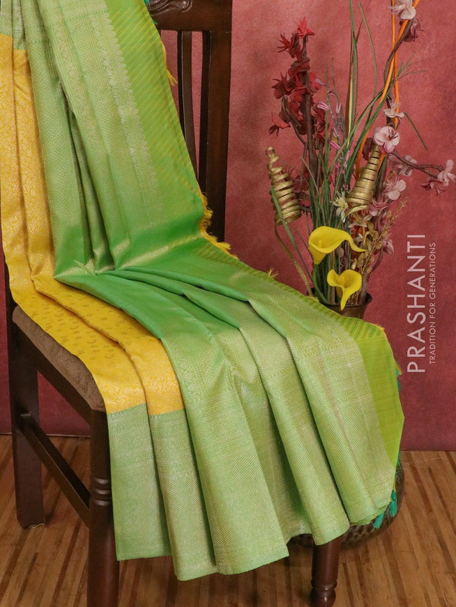 Pure Kanchivaram silk saree yellow and light green with allover floral zari weaves and zari woven border - {{ collection.title }} by Prashanti Sarees