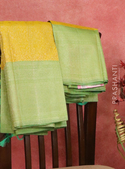 Pure Kanchivaram silk saree yellow and light green with allover floral zari weaves and zari woven border - {{ collection.title }} by Prashanti Sarees
