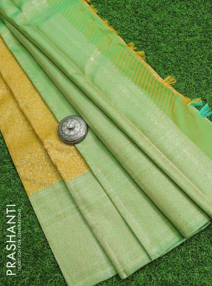 Pure Kanchivaram silk saree yellow and light green with allover floral zari weaves and zari woven border - {{ collection.title }} by Prashanti Sarees