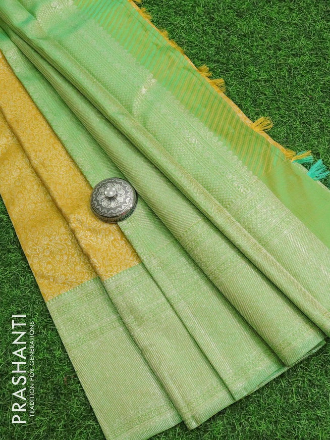 Pure Kanchivaram silk saree yellow and light green with allover floral zari weaves and zari woven border - {{ collection.title }} by Prashanti Sarees