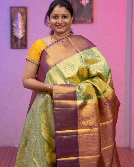 Pure Kanchivaram tissue silk saree light green and purple with allover zari brocade weaves and rich zari woven border - {{ collection.title }} by Prashanti Sarees