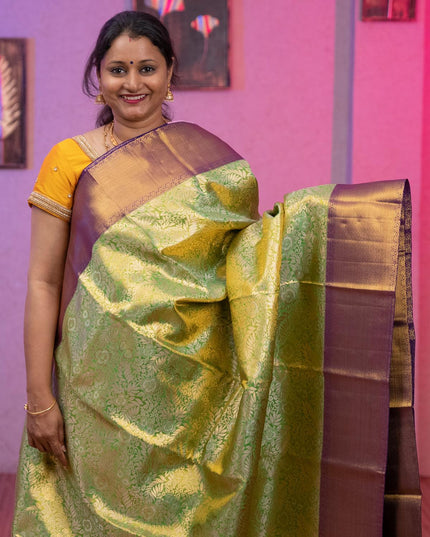 Pure Kanchivaram tissue silk saree light green and purple with allover zari brocade weaves and rich zari woven border - {{ collection.title }} by Prashanti Sarees