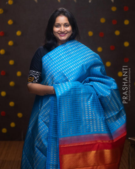 Pure kanjivaram silk saree blue and orange with all over weaves in borderless style - {{ collection.title }} by Prashanti Sarees
