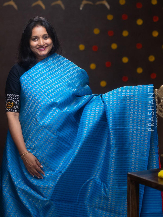 Pure kanjivaram silk saree blue and orange with all over weaves in borderless style - {{ collection.title }} by Prashanti Sarees