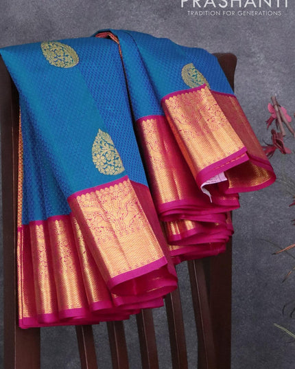 Pure kanjivaram silk saree blue and pink with allover self emboss zari buttas and rich zari woven korvai border - {{ collection.title }} by Prashanti Sarees