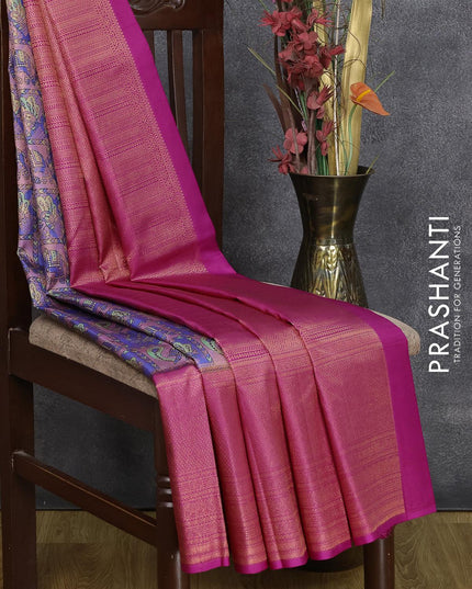 Pure kanjivaram silk saree blue and pink with allover zari weaves & kalamkari digital prints and long copper zari woven border - {{ collection.title }} by Prashanti Sarees