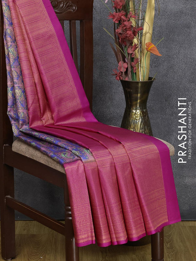 Pure kanjivaram silk saree blue and pink with allover zari weaves & kalamkari digital prints and long copper zari woven border - {{ collection.title }} by Prashanti Sarees