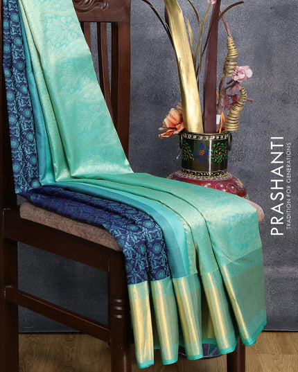 Pure kanjivaram silk saree blue and teal blue with allover self emboss and zari woven border Emboss weaves - {{ collection.title }} by Prashanti Sarees