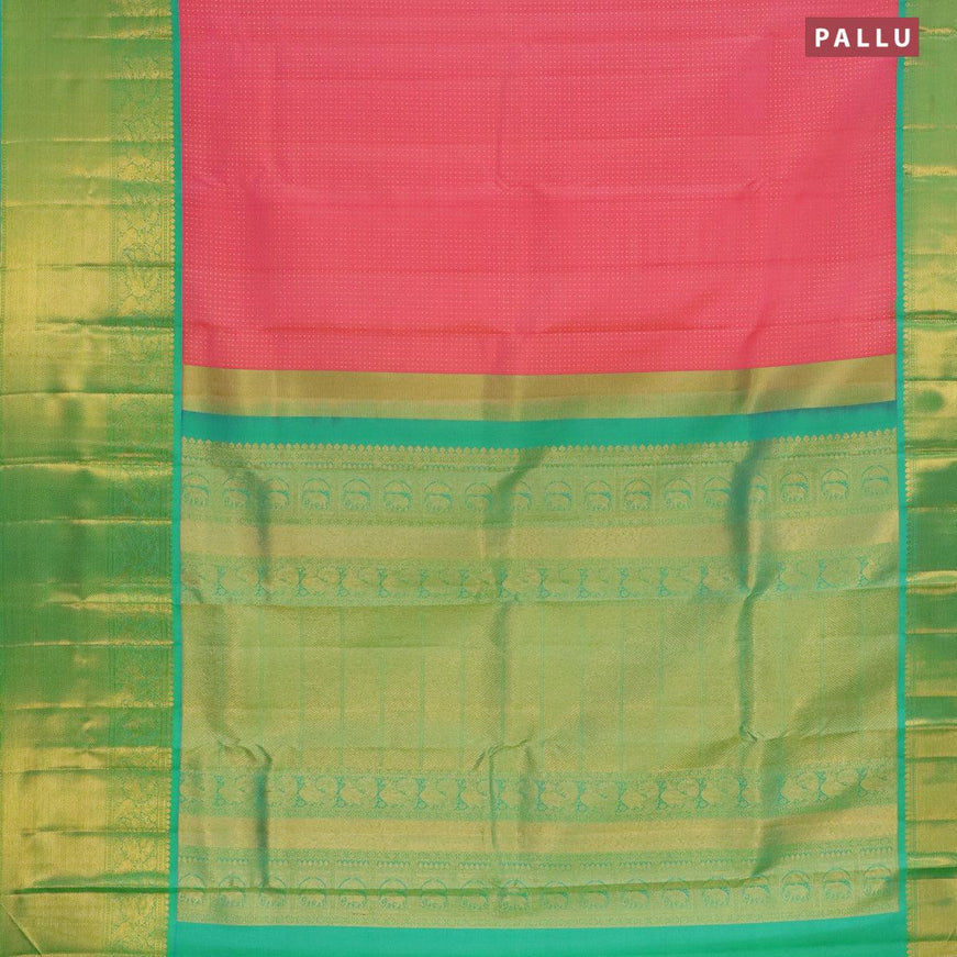 Pure Kanjivaram silk saree candy pink and dual shade of teal blue with allover zari weaves and long zari woven border - {{ collection.title }} by Prashanti Sarees