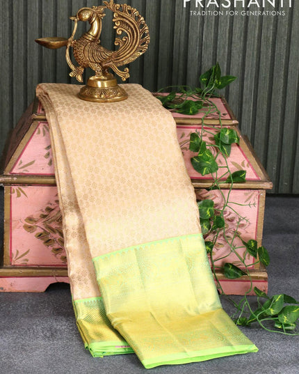 Pure kanjivaram silk saree cream and light green with allover zari weaves and long rich zari woven border - {{ collection.title }} by Prashanti Sarees