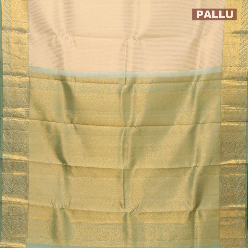 Pure kanjivaram silk saree cream and pastel green with allover zari weaves and rich zari woven border - {{ collection.title }} by Prashanti Sarees