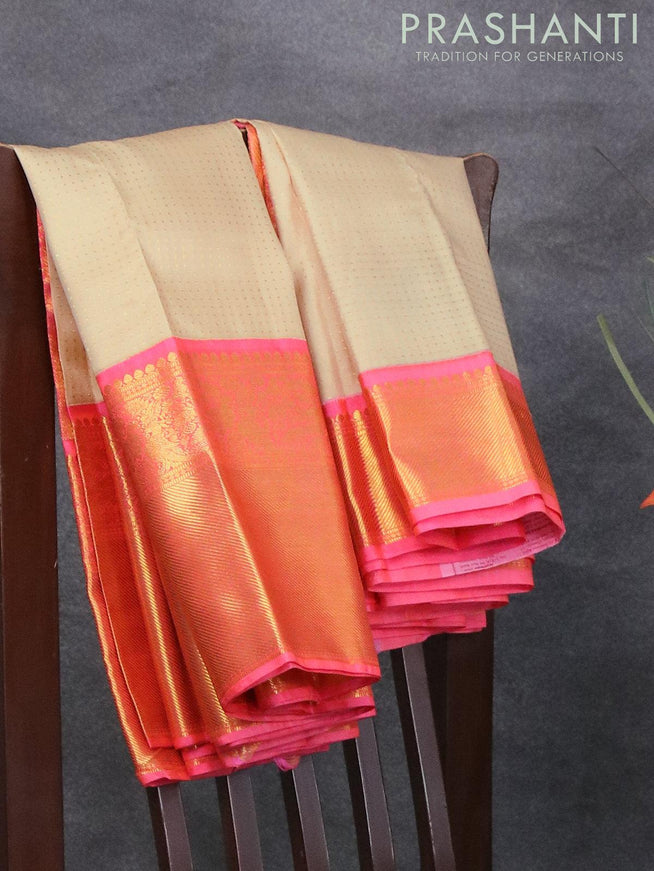 Pure kanjivaram silk saree cream and pink with allover zari weaves and long peacock zari woven border - {{ collection.title }} by Prashanti Sarees