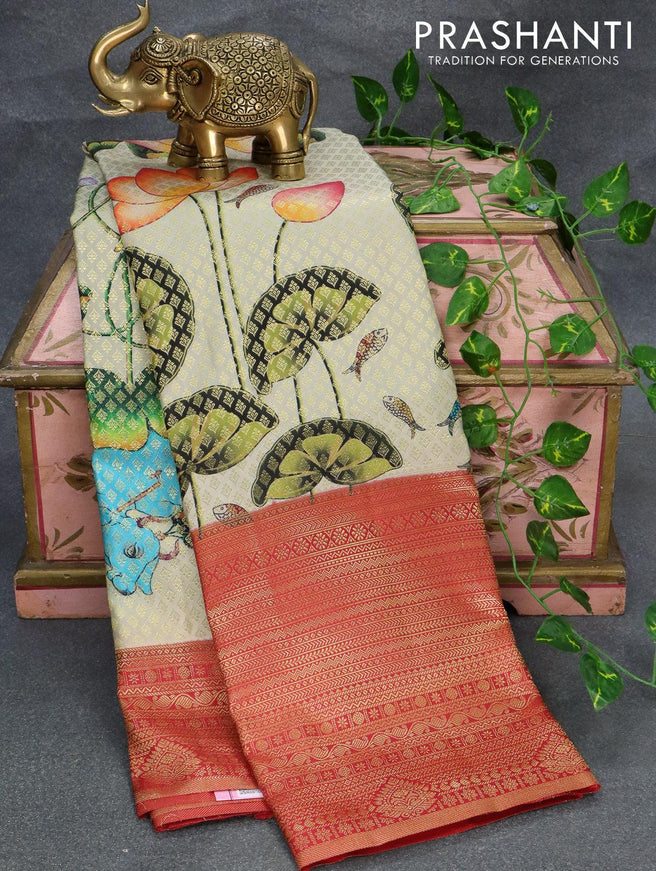 Pure kanjivaram silk saree cream and red with allover digital pichwai print & zari weaves and long zari woven border - {{ collection.title }} by Prashanti Sarees