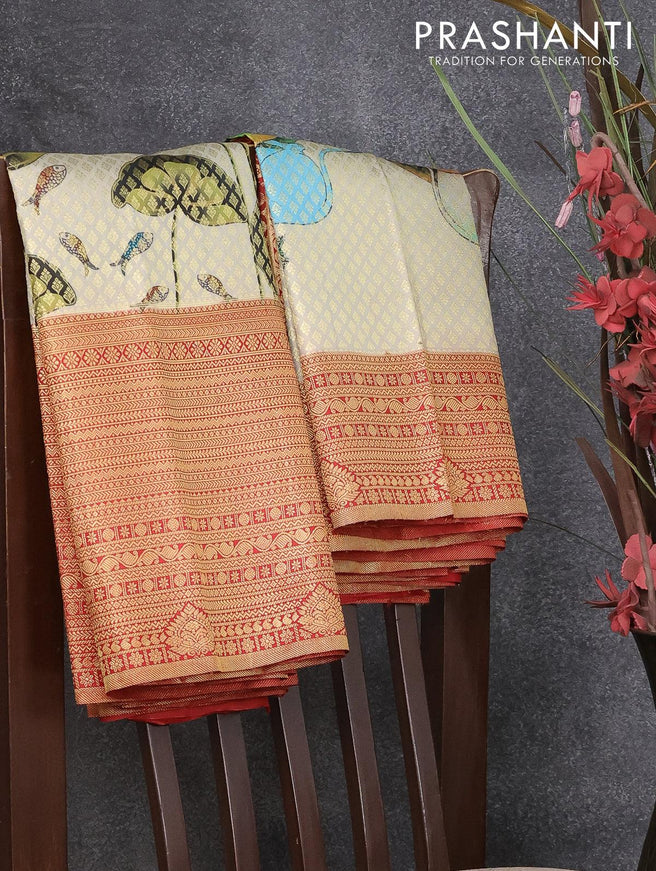 Pure kanjivaram silk saree cream and red with allover digital pichwai print & zari weaves and long zari woven border - {{ collection.title }} by Prashanti Sarees
