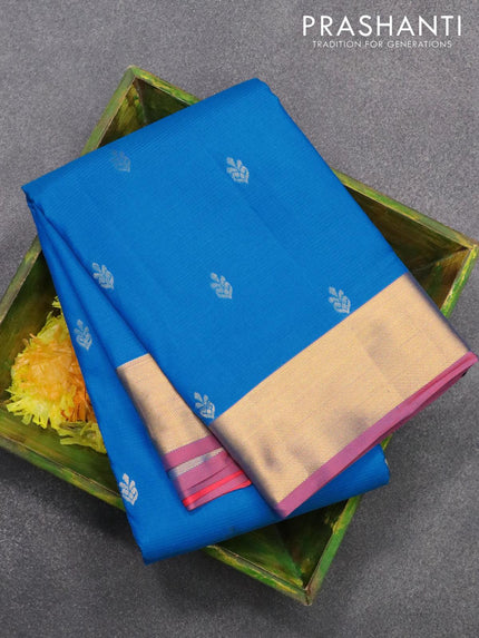 Pure kanjivaram silk saree cs blue and red shade with allover zari woven buttas and zari woven border - {{ collection.title }} by Prashanti Sarees