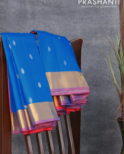 Pure kanjivaram silk saree cs blue and red shade with allover zari woven buttas and zari woven border - {{ collection.title }} by Prashanti Sarees