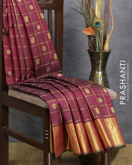 Pure kanjivaram silk saree deep maroon and dual shade of green with allover zari checks & buttas and zari woven border - {{ collection.title }} by Prashanti Sarees