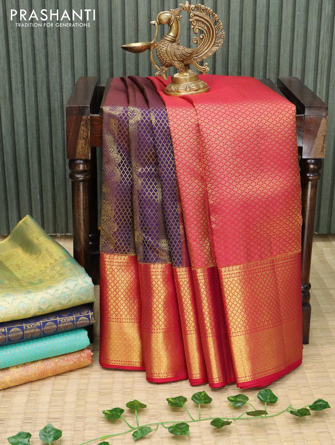 Pure kanjivaram silk saree deep purple and dual shade of pink with allover brocade zari weaves and long zari woven border - {{ collection.title }} by Prashanti Sarees