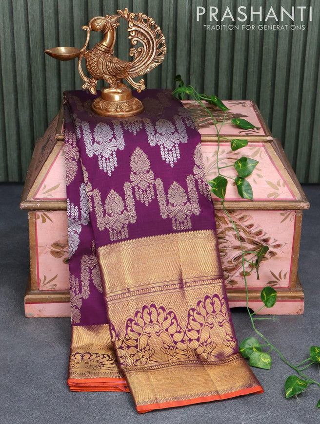 Pure kanjivaram silk saree deep purple and rust with silver and gold zari weaves and long rich zari woven border - {{ collection.title }} by Prashanti Sarees